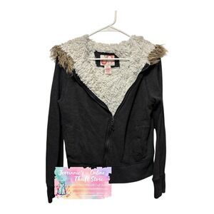 OP Ocean Pacific Black Faux Fur Lined Zip Up Hoodie Jacket Juniors Large 11-13